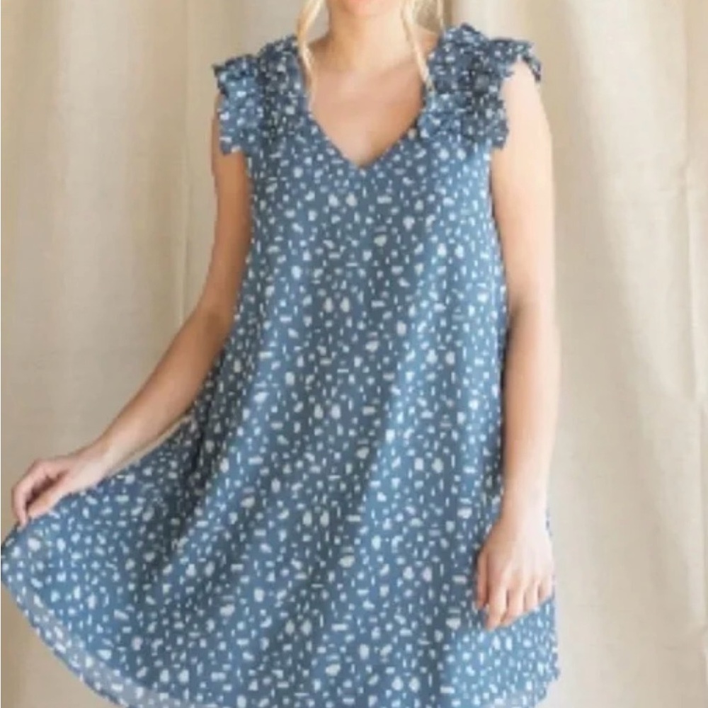 Blue Sleeveless ruffle shoulders Dress with White Polka Dots